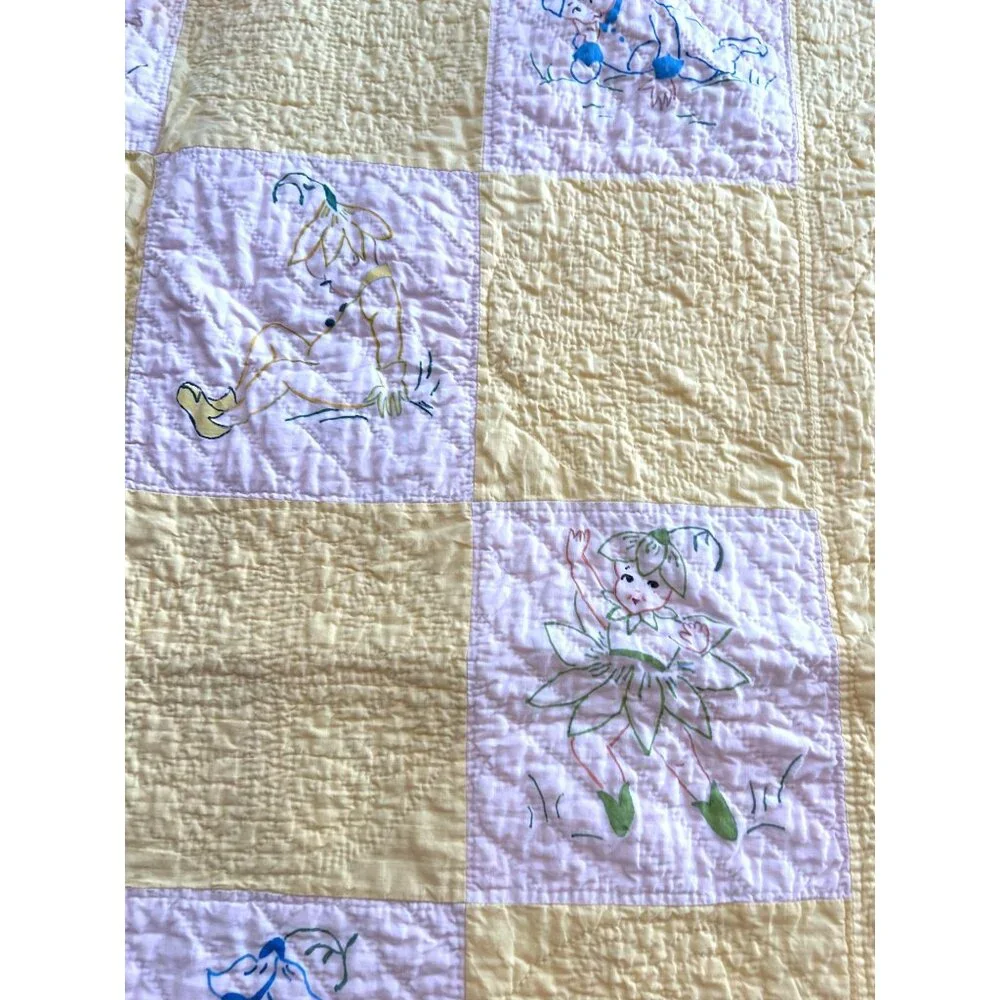 Vintage Fairy Elf Baby Blanket Quilt Hand Drawn Handmade Yellow Flaws READ